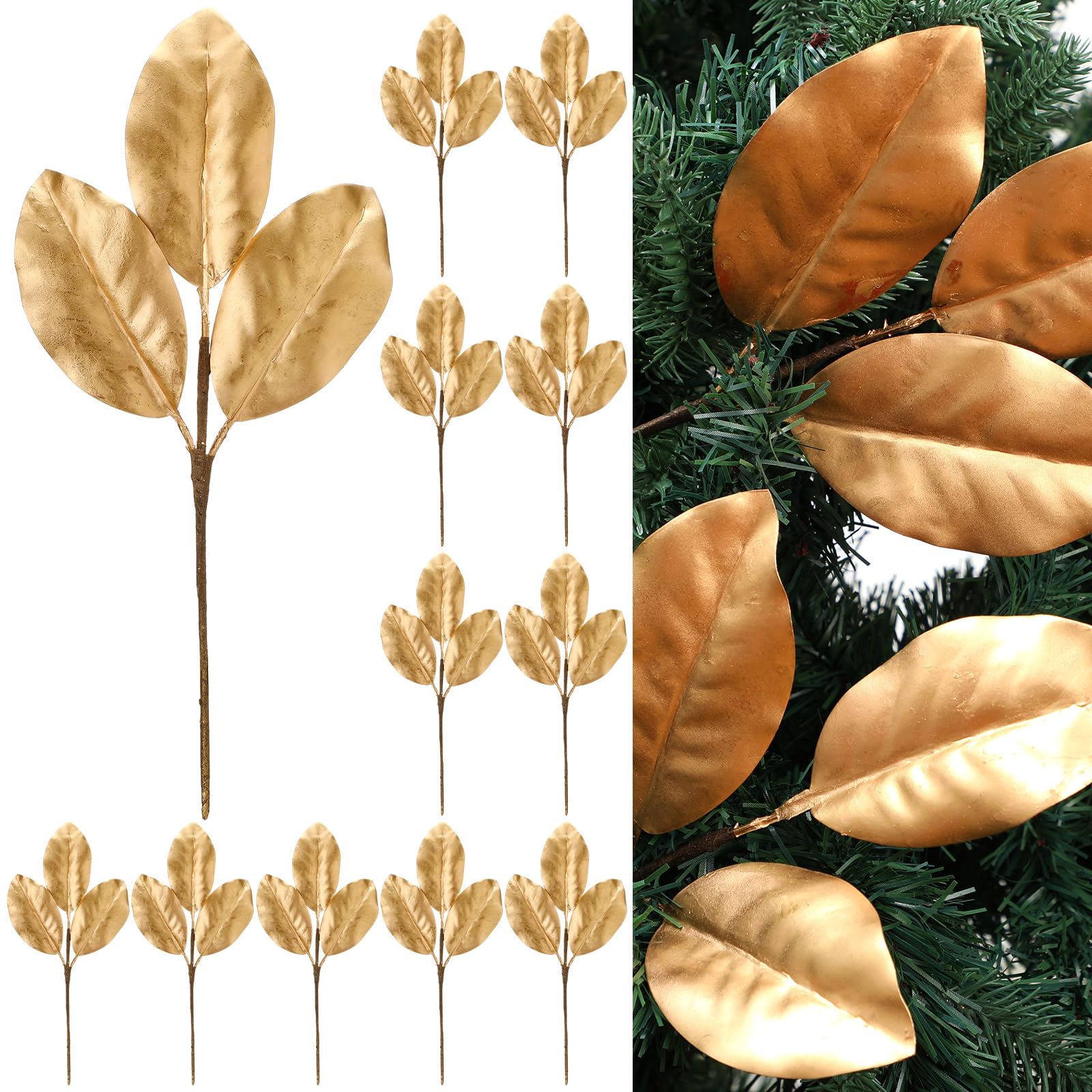 Thiccywoov 12 Stück 32,6 cm große Weihnachts-Magnolien-Plektren, künstliche Magnolien-Zweige, künstliche Weihnachts-Magnolienblätter, Picks für Vasen, Arrangement, Tischdekoration, Party, Weihnachten,