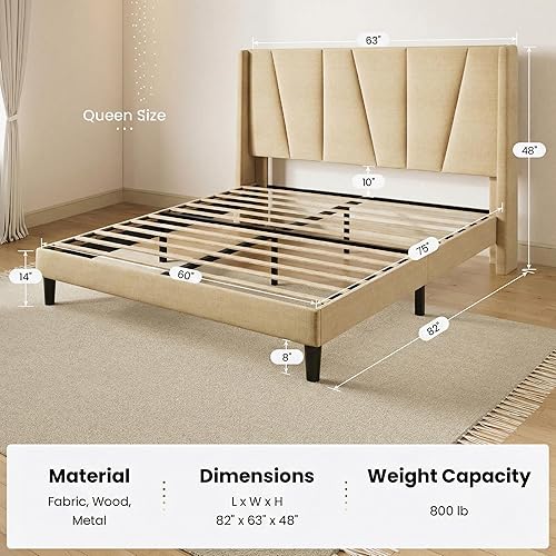Miniatura 2 de SHA CERLIN Base de cama tamaño Queen con cabecera geométrica con respaldo de ala, plataforma tapizada con soporte de listones de madera, espacio