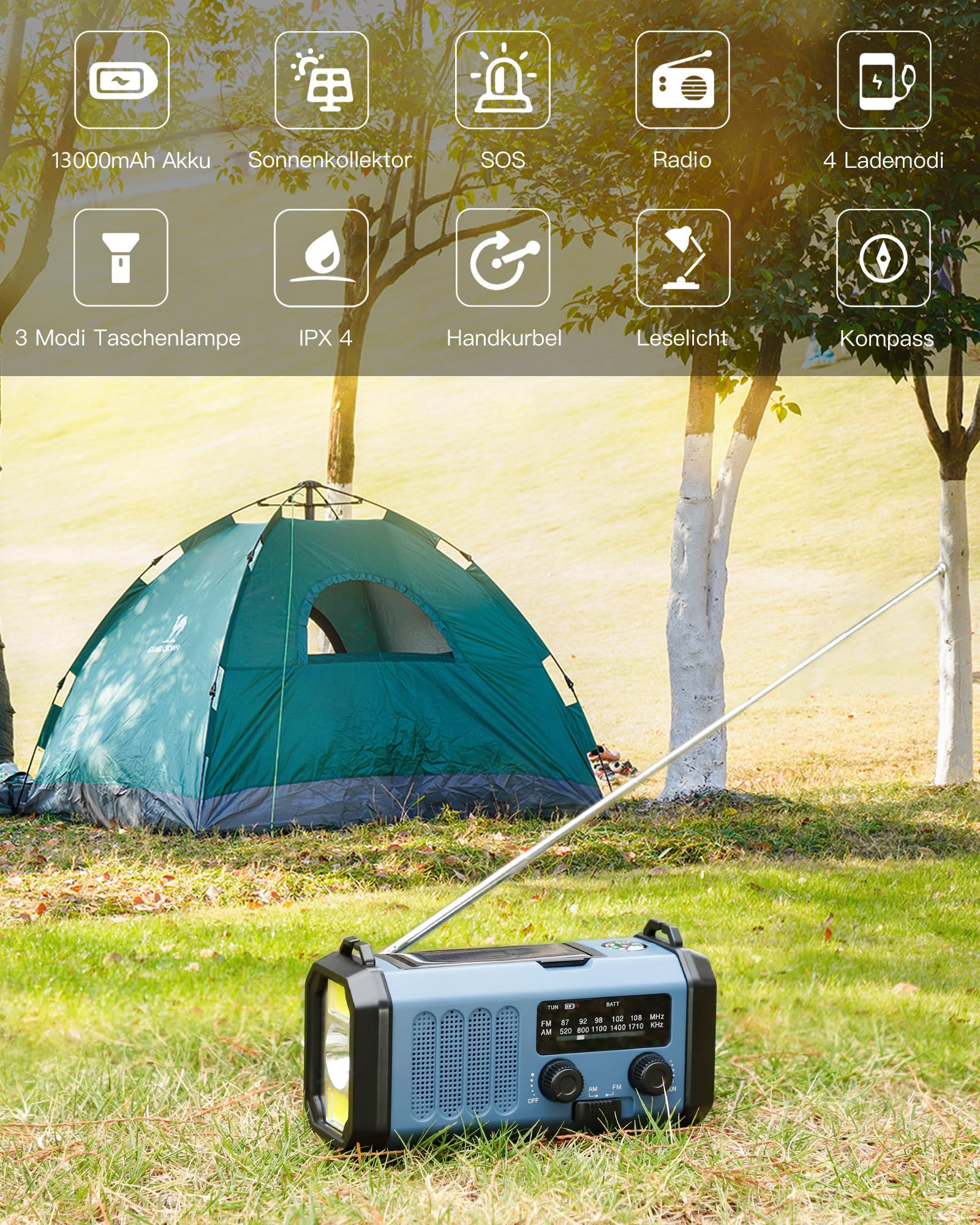Radio Solaire 13000 MAh D'Urgence – 5 Modes, Lampe 800 Lm, SOS 115 DB, AM/FM + Chargeur USB