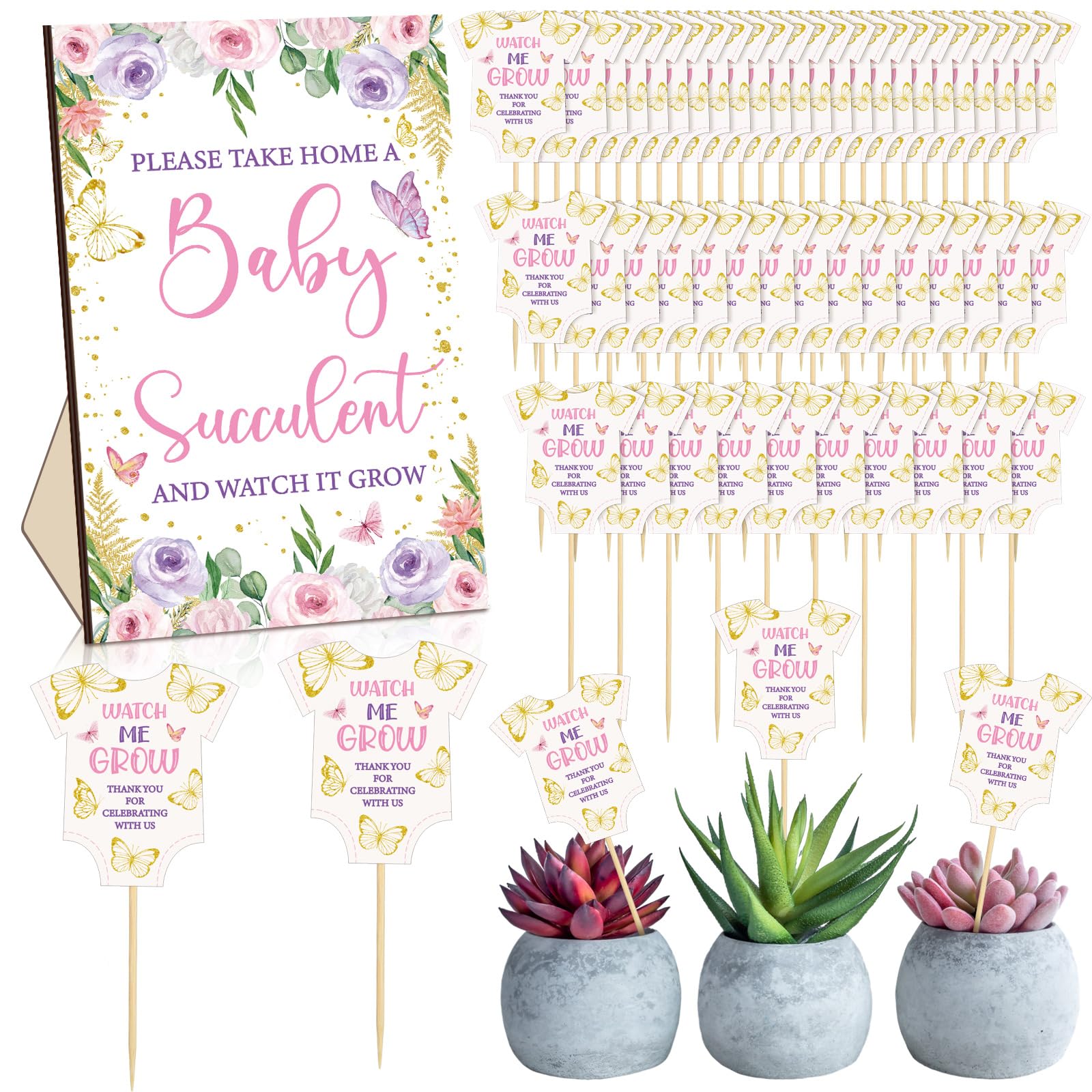 51 Pcs Watch Me Grow Succulent Tags Baby Shower Party Favors Include 1 Piece Wooden Table Sign 50 Sets Succulent Favor Tags Baby Shower Decorations(Butterfly Style)