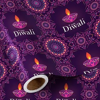 RUSPEPA Diwali Wrapping Paper Roll - Mini Roll - Purple Oil Lamp Pattern Great for Diwali, Holiday and Party - 17 Inches X 32.8 Feet