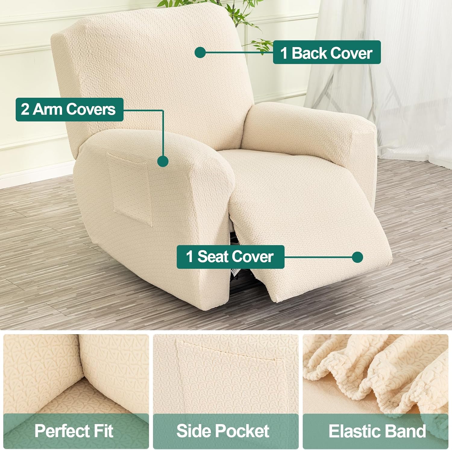 NILUOH Jacquard Recliner Cover 4-Piece Set - Elegant Stretch Slipcover for Old Furniture, Easy Fit Recliner Sofa Couch Protector, Machine Washable for Living Room, 1-Seater,Off-White
