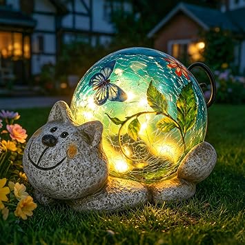 Afirst Solar Garden Statues Outdoor Figurines - Cat Lawn Ornament with Solar Lights Cracked Glass Outdoor Decor for Patio Yard Decorations