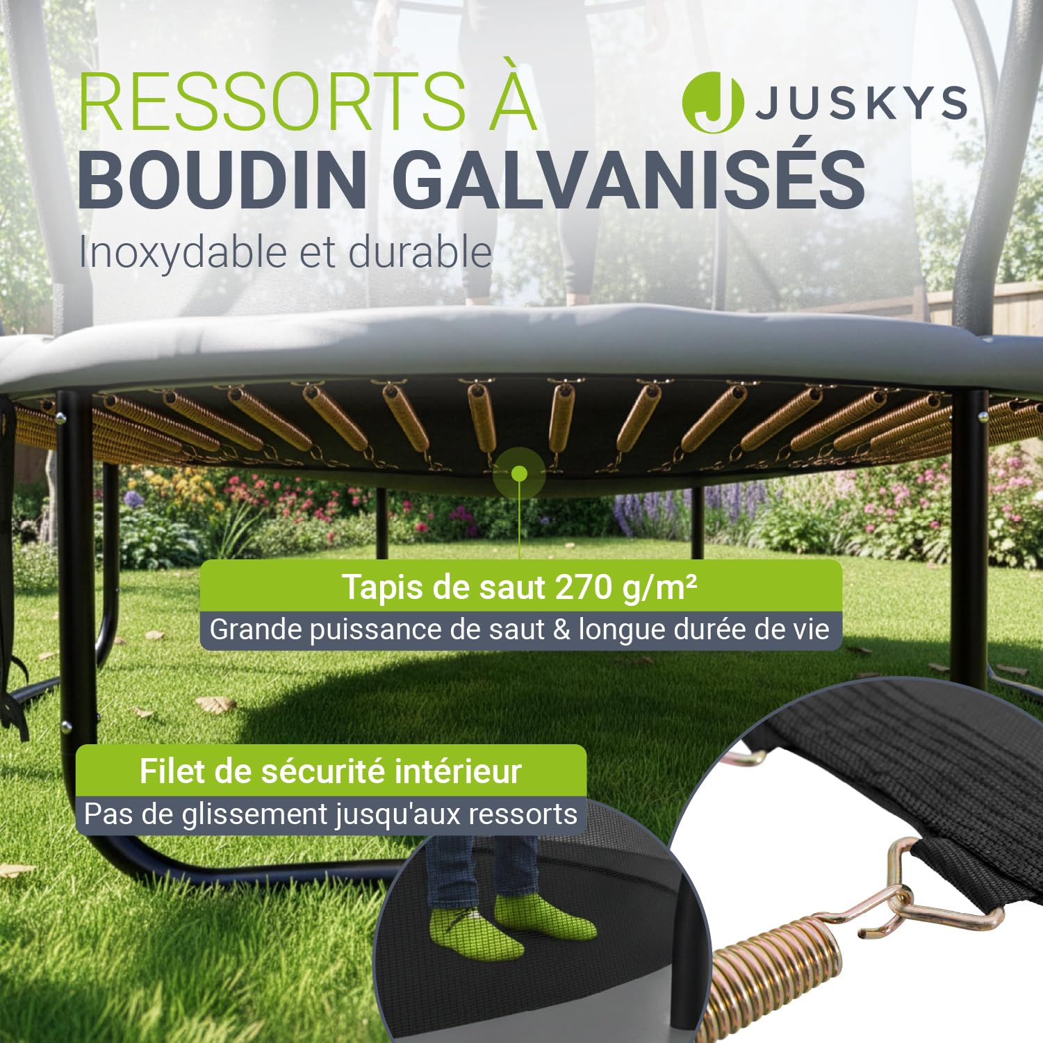 Juskys Trampoline SkyBounce – Trampoline de Jardin extérieur avec Filet de sécurité, échelle et ancrages au Sol, Protection de Bord rembourrée