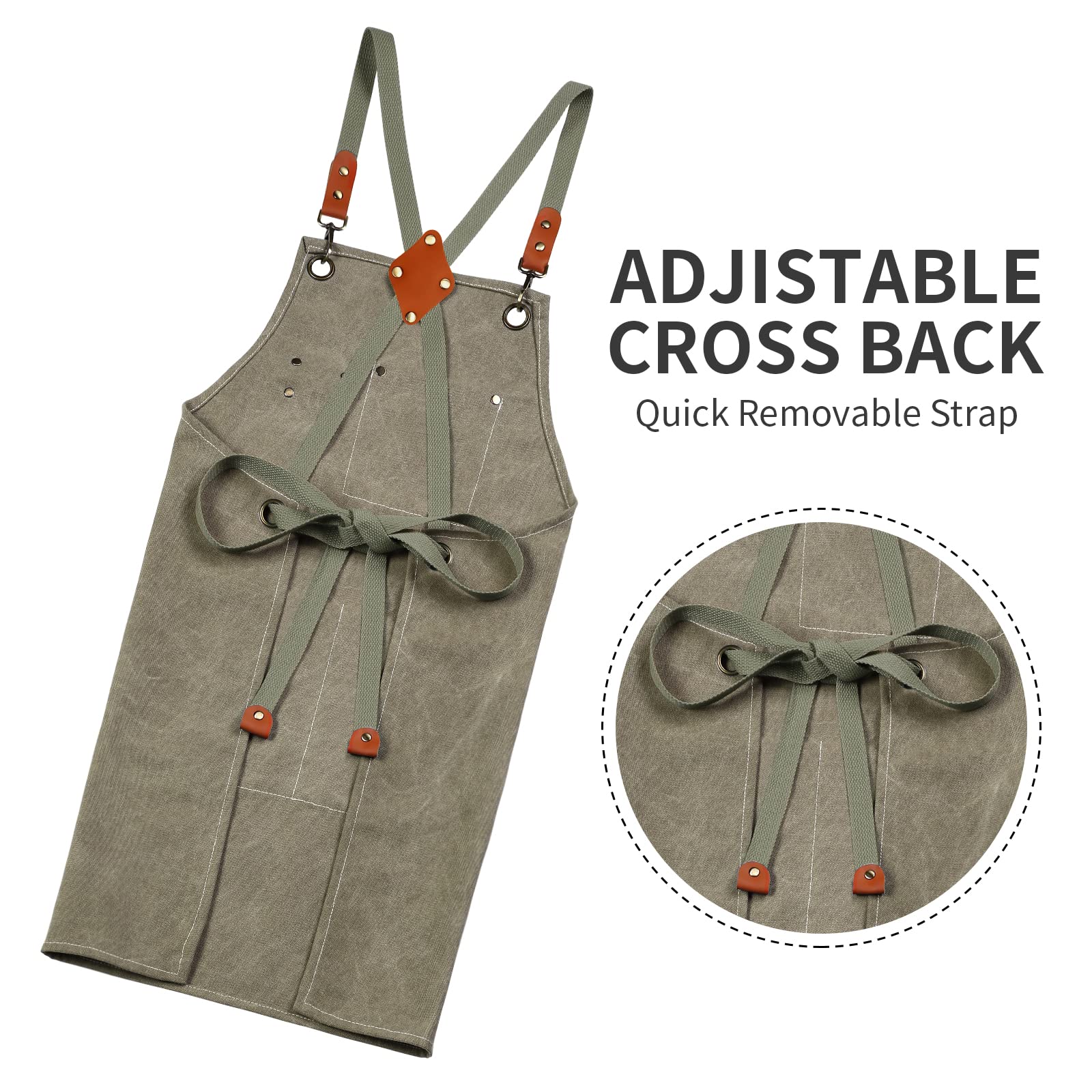 ZOMAO Delantal de chef, delantal de lona con espalda cruzada con bolsillos para hombres y mujeres, delantal de cocina para hornear, Gris Verde, M-XXL