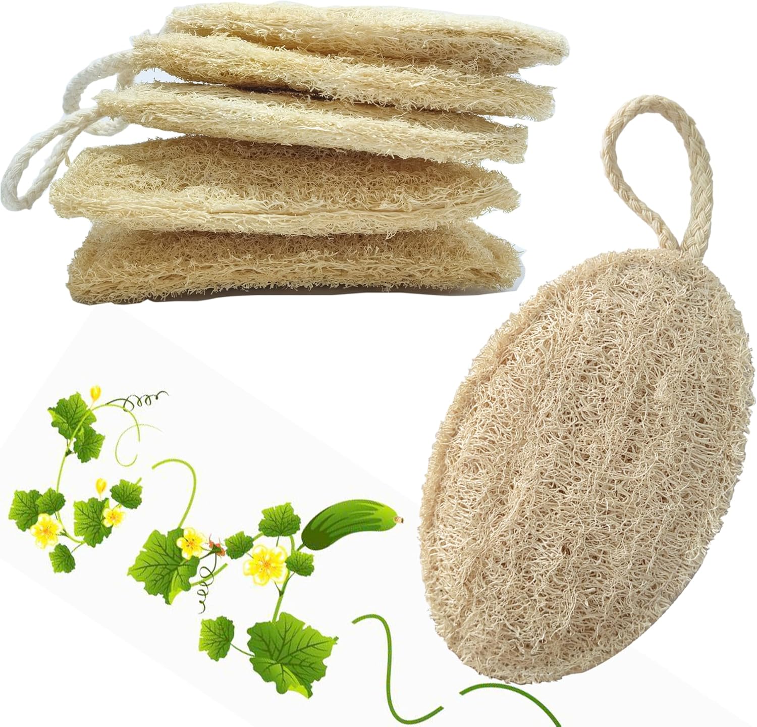 Loofah Natural Kitchen Sponge (5 Pcs), No Scratch Scrubber for Dish Cleaning, 100% Plant Based Vegetable Scrubber, Zero Waste and Eco Friendly Sponge for Kitchen (3 Pcs Oval+2 Pcs Rectangular)