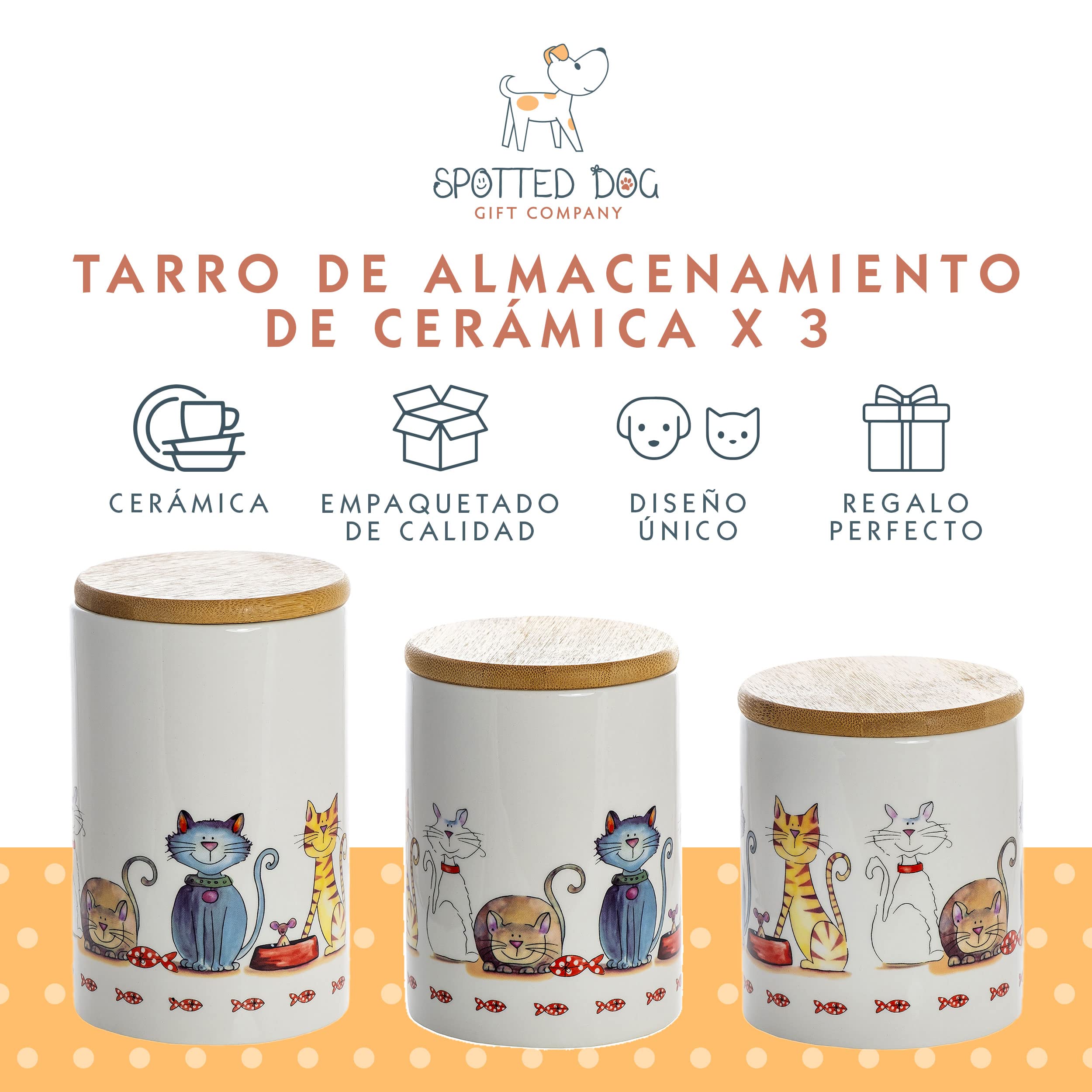 SPOTTED DOG GIFT COMPANY Juego de 3 Botes Cocina Almacenaje de Cerámica con Estampado de Gatos Bonitos, Recipientes Herméticos para Alimentos con Tapa, Regalos para Amantes de los Gatos