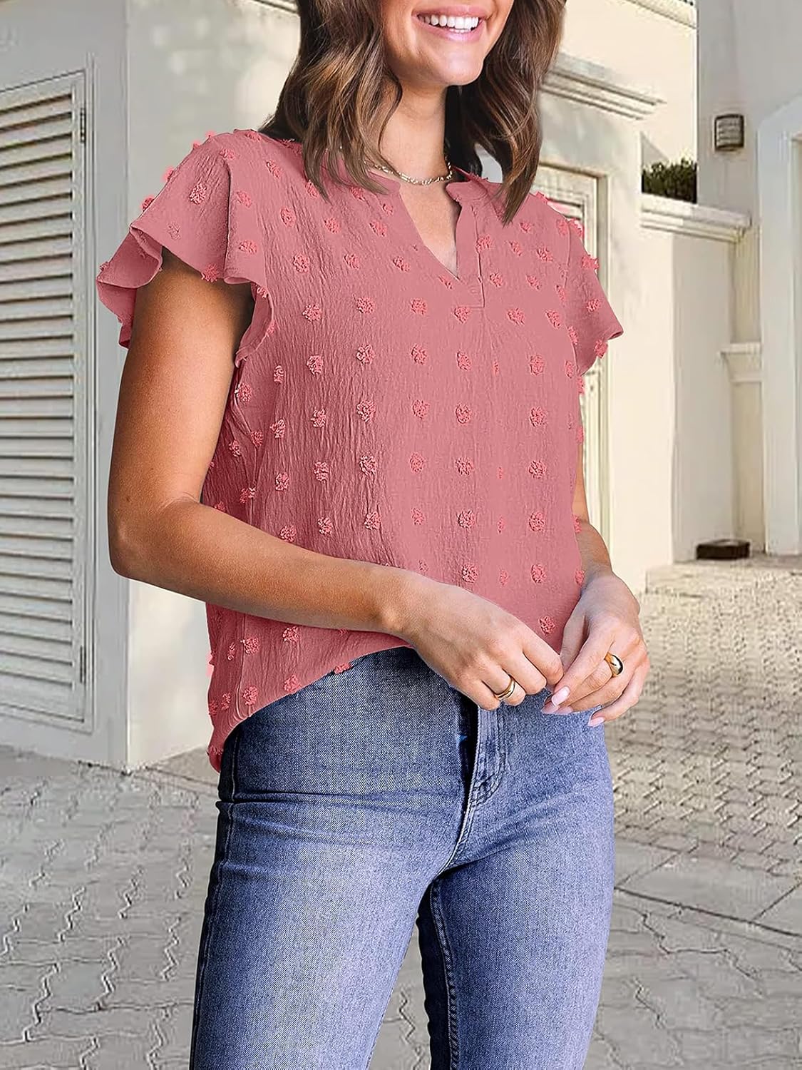 MEROKEETY Women's 2026 Spring V Neck Ruffle Short Sleeve Blouse Summer Swiss Dot Dressy Casual Flowy Shirt Tunic Top - Image 8