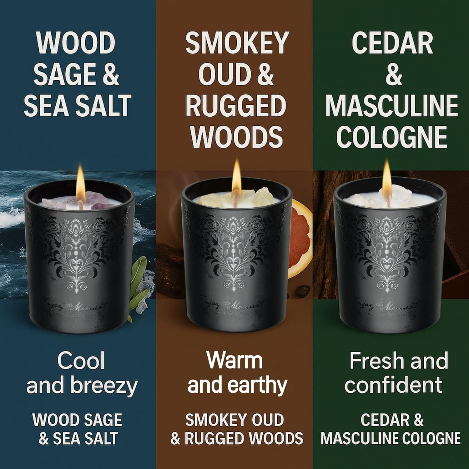 Luxury Black Scented Candles Gift Set for Men – 3×7oz Soy & Beeswax Crystal Candles with Wick Trimmer & Snuffer, Masculine Woodsy Aromatherapy Candles for Home, Birthday & Holiday Gifts for Him - Image 4