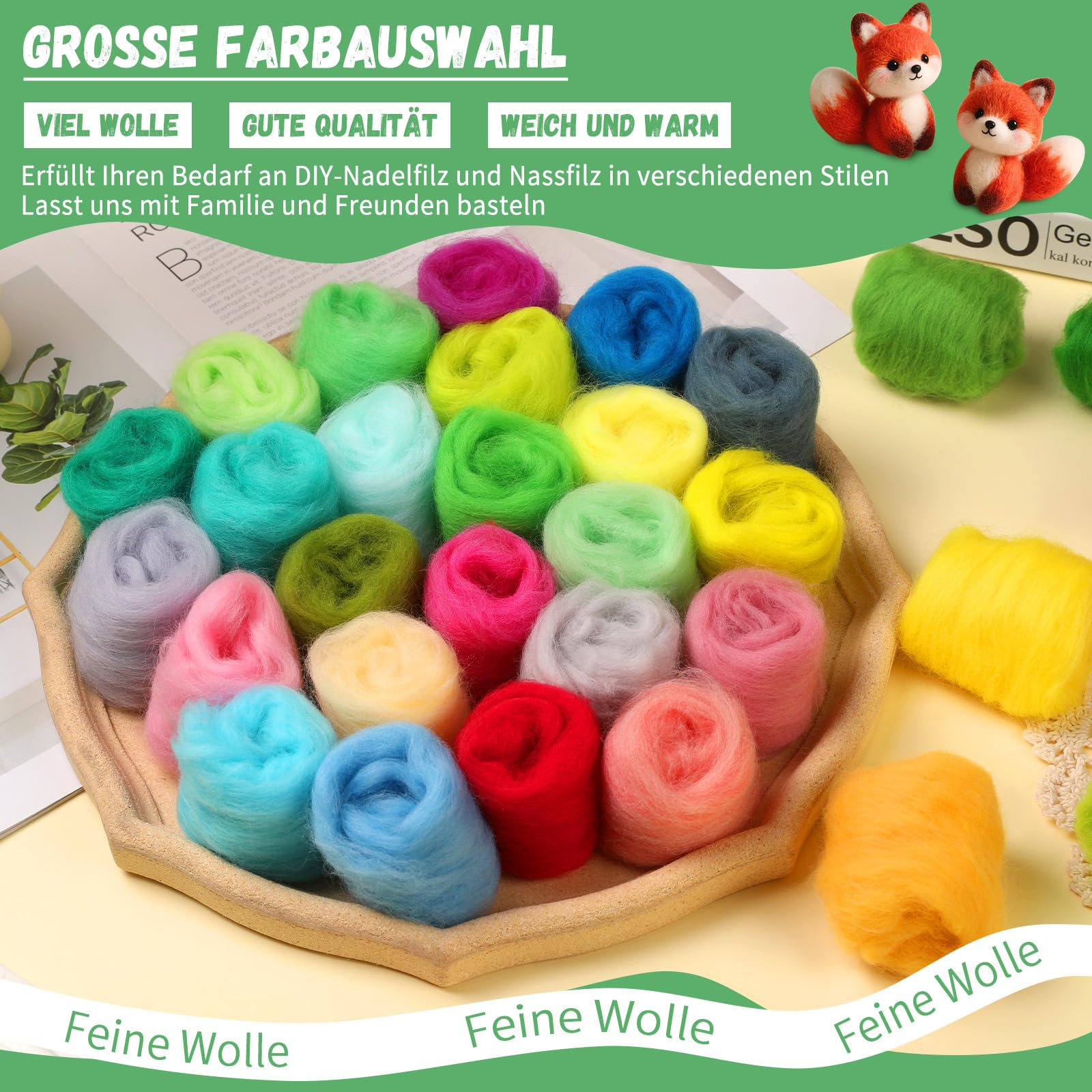 Juego de lana de fieltro de 100 colores – 300 g de lana de oveja para fieltro húmedo y seco | Premium lana merino para tejer, fieltro con fibras naturales