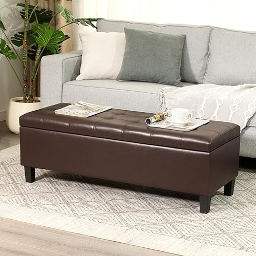 Miniatura 19 de Asense Banco otomano rectangular de microfibra con parte superior de elevación, reposapiés con patas de madera maciza, ribete de cabeza de clavo