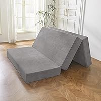 BYBYME Tri-Folding 6-Inch Gel Memory Foam Mattress Topper - Corduroy Foldable Guest Bed, Camping Pad with Washable Cover, Twin Grey