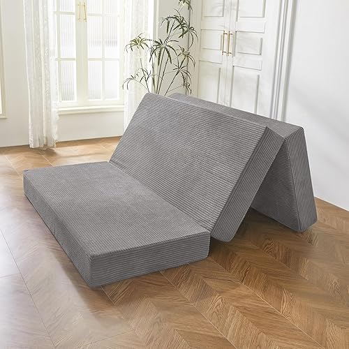 BYBYME Colchón de Pana Tri-Plegable, Cubrecolchón Plegable de Gel de 6 Pulgadas, Almohadilla Suave para Cama de Invitados y Camping Plegable, Funda