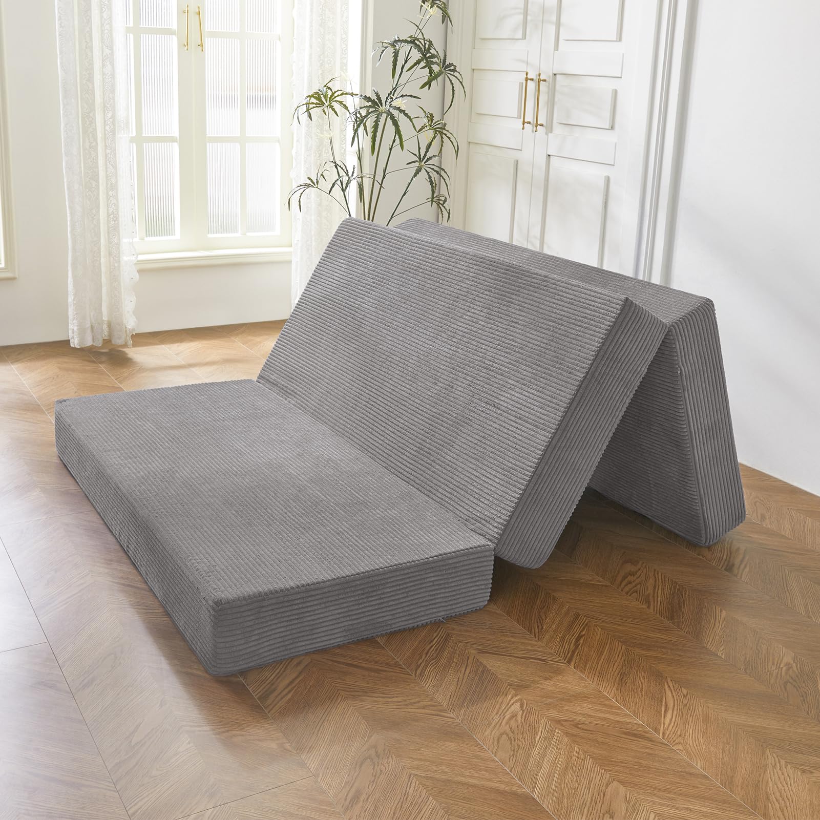 BYBYME Tri-Folding Corduroy Mattress, 6 Inches Gel Folding Mattress Topper, Foldable Soft Guest Bed Camping Pad, Washable Cover (Grey, Twin)