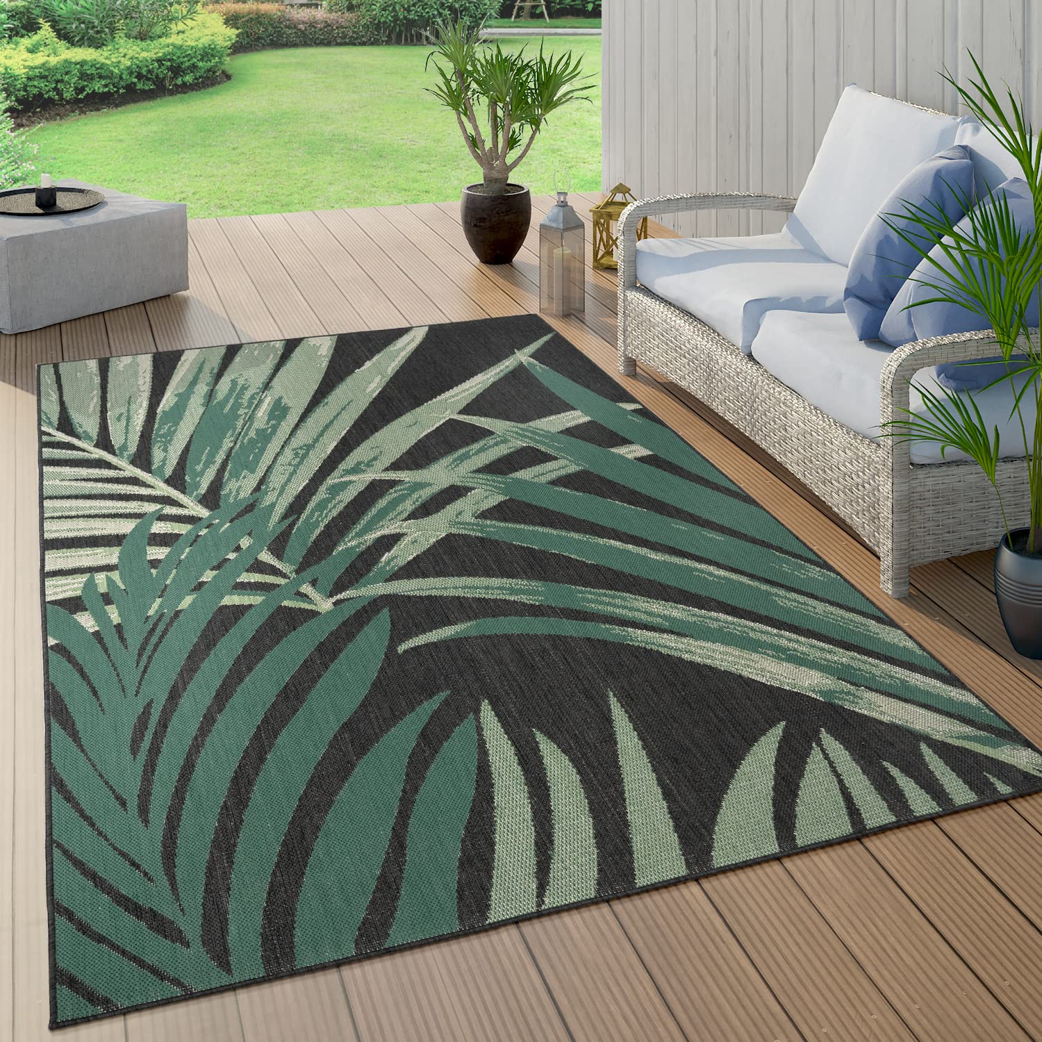 Paco Home Tropical Outdoor Rug Palm Tree & Jungle Design Flatweave in Black Green, Size: 2'8" x 4'11"