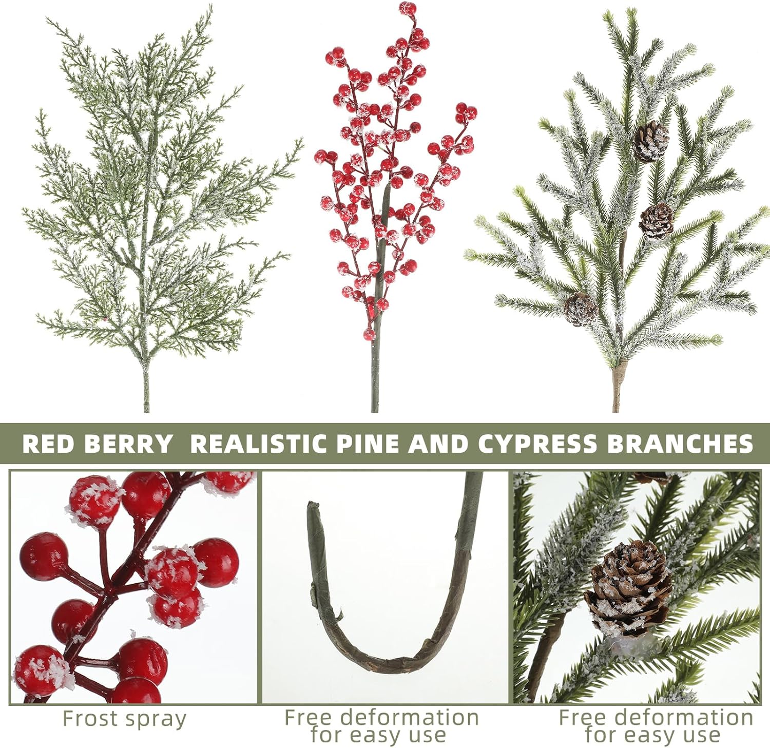 20 Pcs Christmas Artificial Faux Branches Include 18.5" Cedar Greenery Branches 21" Frost Red Berries Branches 13.8" Frosted Cypress Pine Stem with Pine Cone for Holiday Winter Wedding Decor