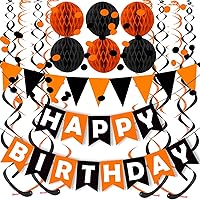 Vista 1 de Fecedy Banderín de Feliz Cumpleaños Negro Naranja Bandera de Triángulo de Papel Bunting Círculo Confeti Puntos Guirnalda Colgante y Bola de Panal
