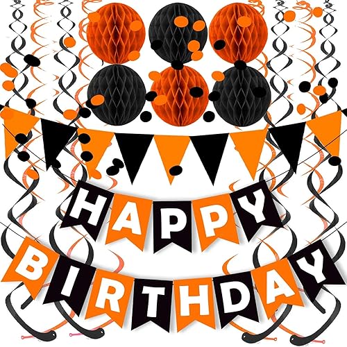Fecedy Cartel de feliz cumpleaños negro y naranja de papel, bandera triangular, círculo, confeti, puntos, guirnalda colgante y espiral de bola de