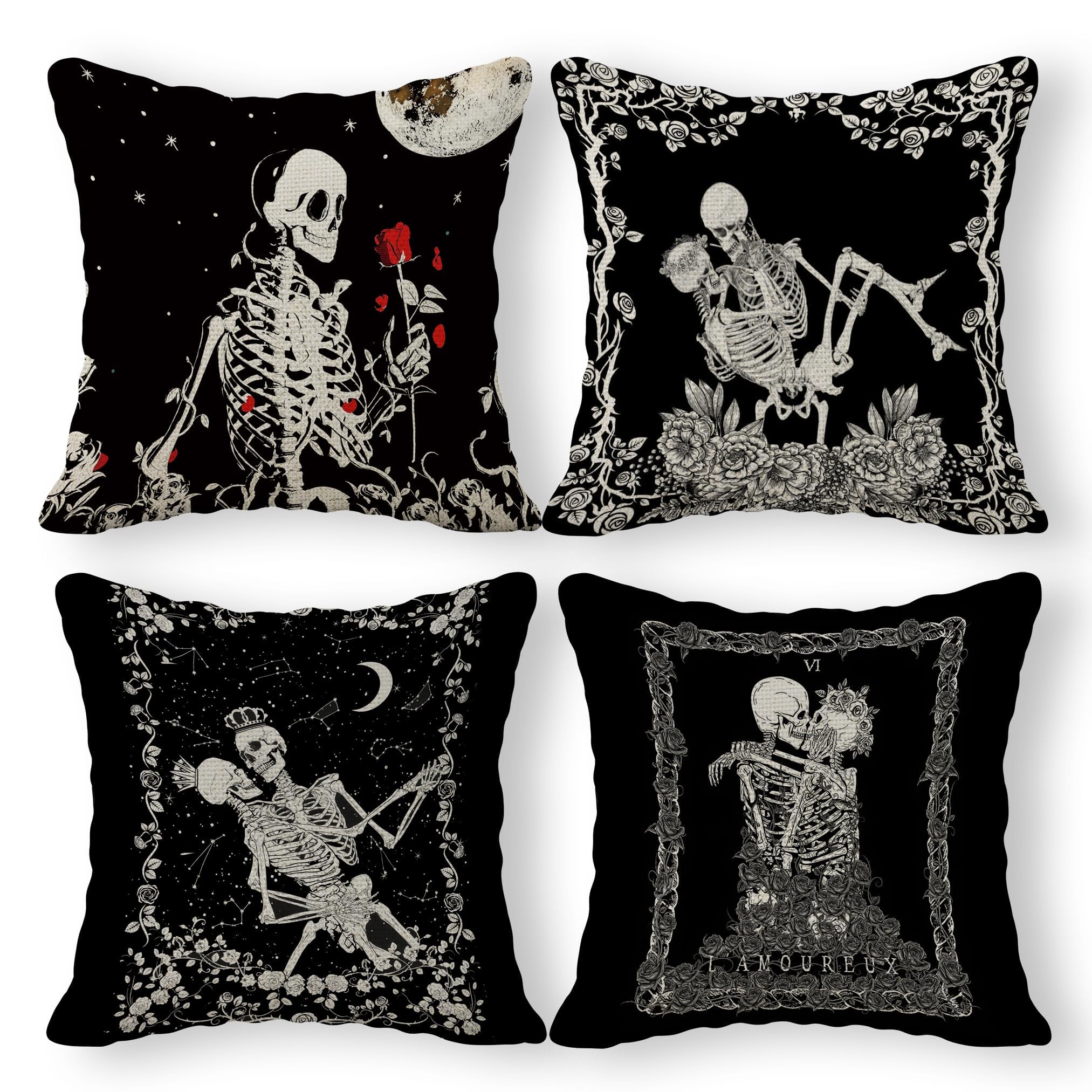 Skull The Kissing Lovers Art Linen Throw Pillow Case, 18 x 18 Inch Set of 4, Gift for Wife, Girlfriend, Gift for Couples, for Tarot Lovers, Skull Lovers, Wedding, Cushion Cover for Sofa Couch Bed