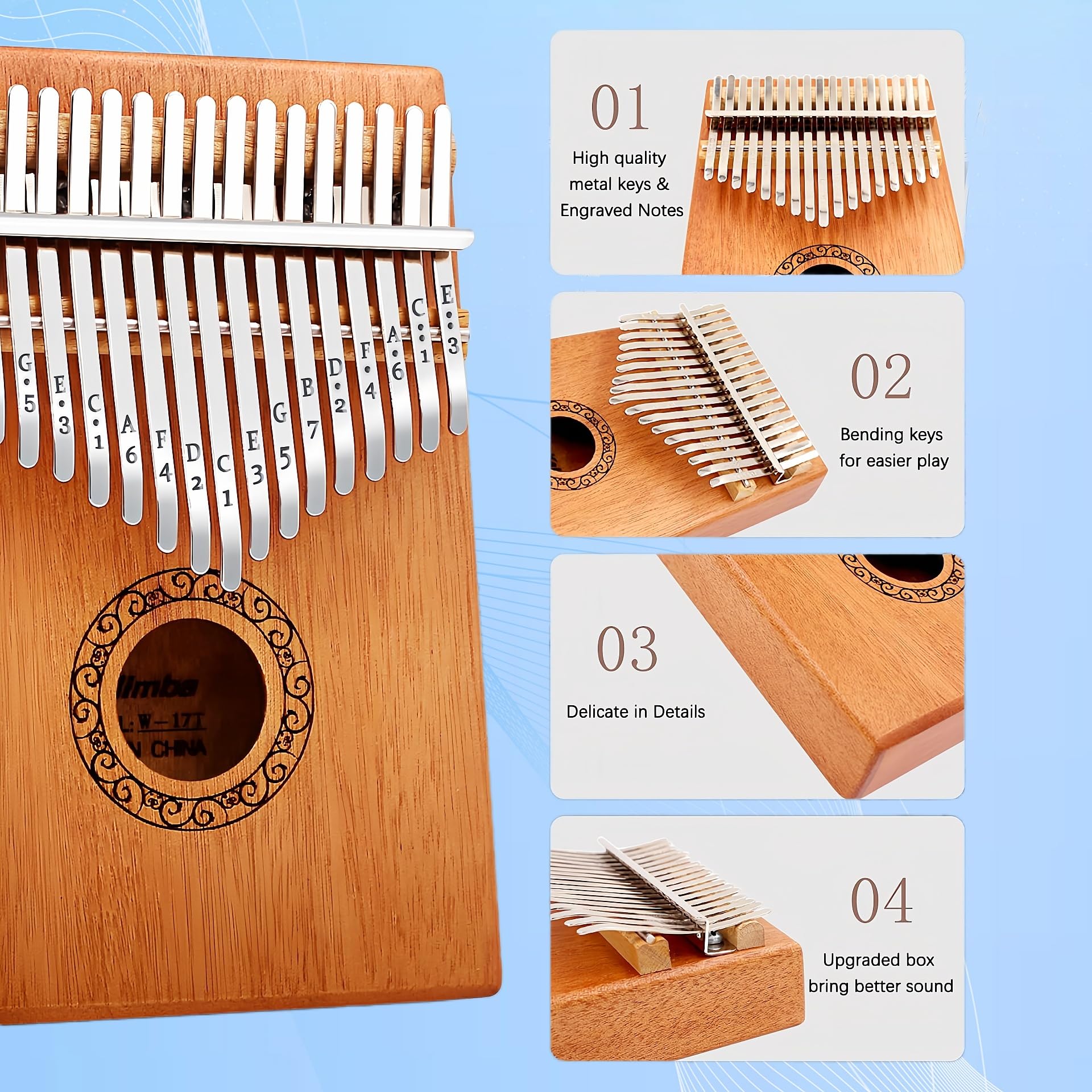Fay Bless Tragbares Mbira-Fingerklavier mit 17/21 Tasten, mit Stimmhammer, Lernanleitung, Kalimba-Daumenklavier, Musikinstrumente (21 Tasten, Schmetterlingsholz)