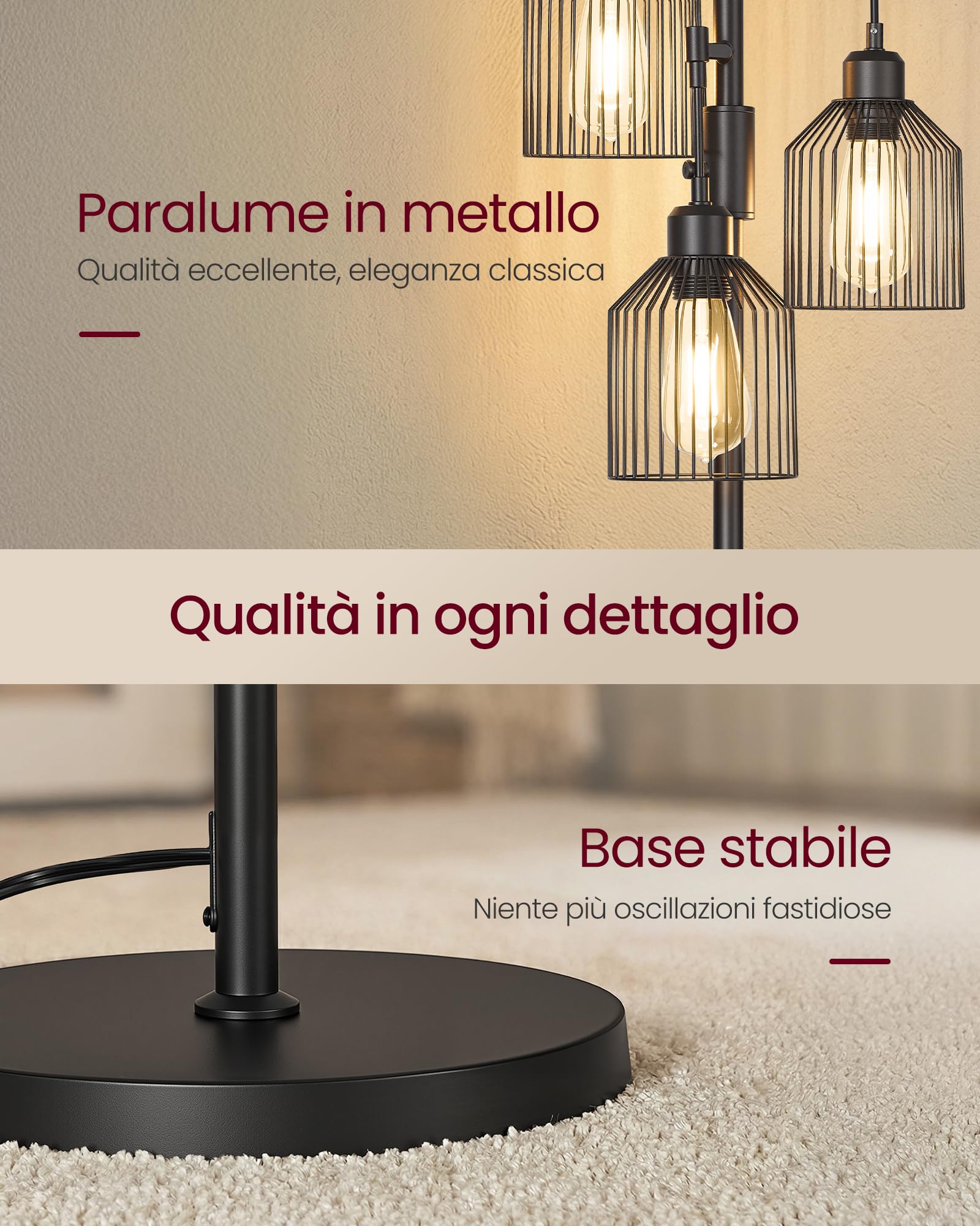 VASAGLE Lampada da Terra, Piantana con 3 Lampadine, Luminosità Regolabile, Paralume in Metallo, 3 Attacchi E27, Nero Inchiostro LFL013BD02