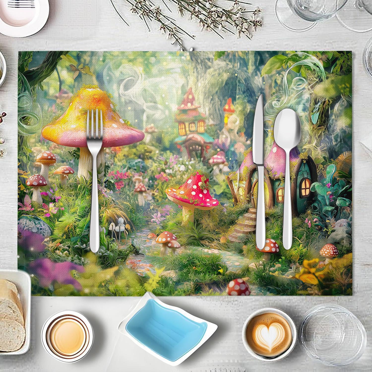 Set Di 8 Tovagliette Lavabili Casa Fungo Dei Cartoni Animati Tovaglietta Con Foresta Fantasy Resistenti Al Calore, Sottopiatti Verde Smeraldo Facile Pulizia Antiscivolo Per Tavolo Da Cucina, 45X30Cm