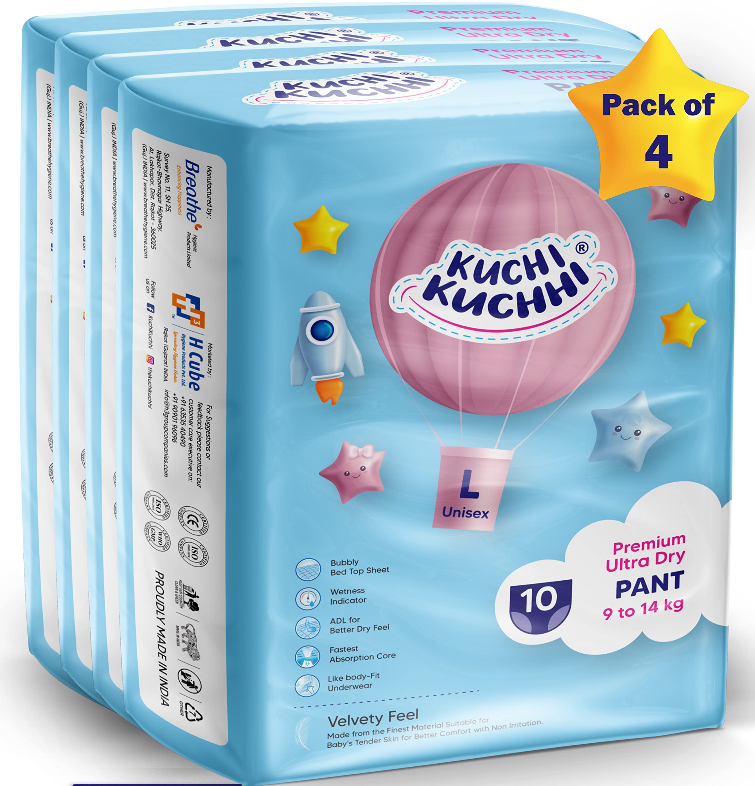 KUCHI-KUCHHI Baby Diaper Pants| Wetness Indicator| Bubble Sheet| Large| Upto 8Kg| Pack-4 - Large (L, 40)