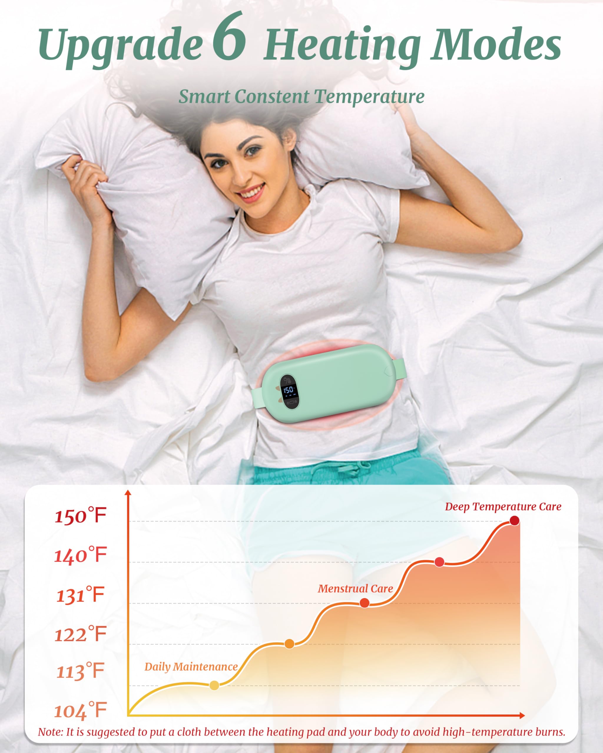 Heat Pad for Period Pain Relief Upgraded 6 Heat Massage Modes Electric Fast Heating Pad for Lower Back Pain Cramp Heated Belt Menstrual Rechargeable USB Heating Pad Gifts for Women Girls Her Green - Image 4