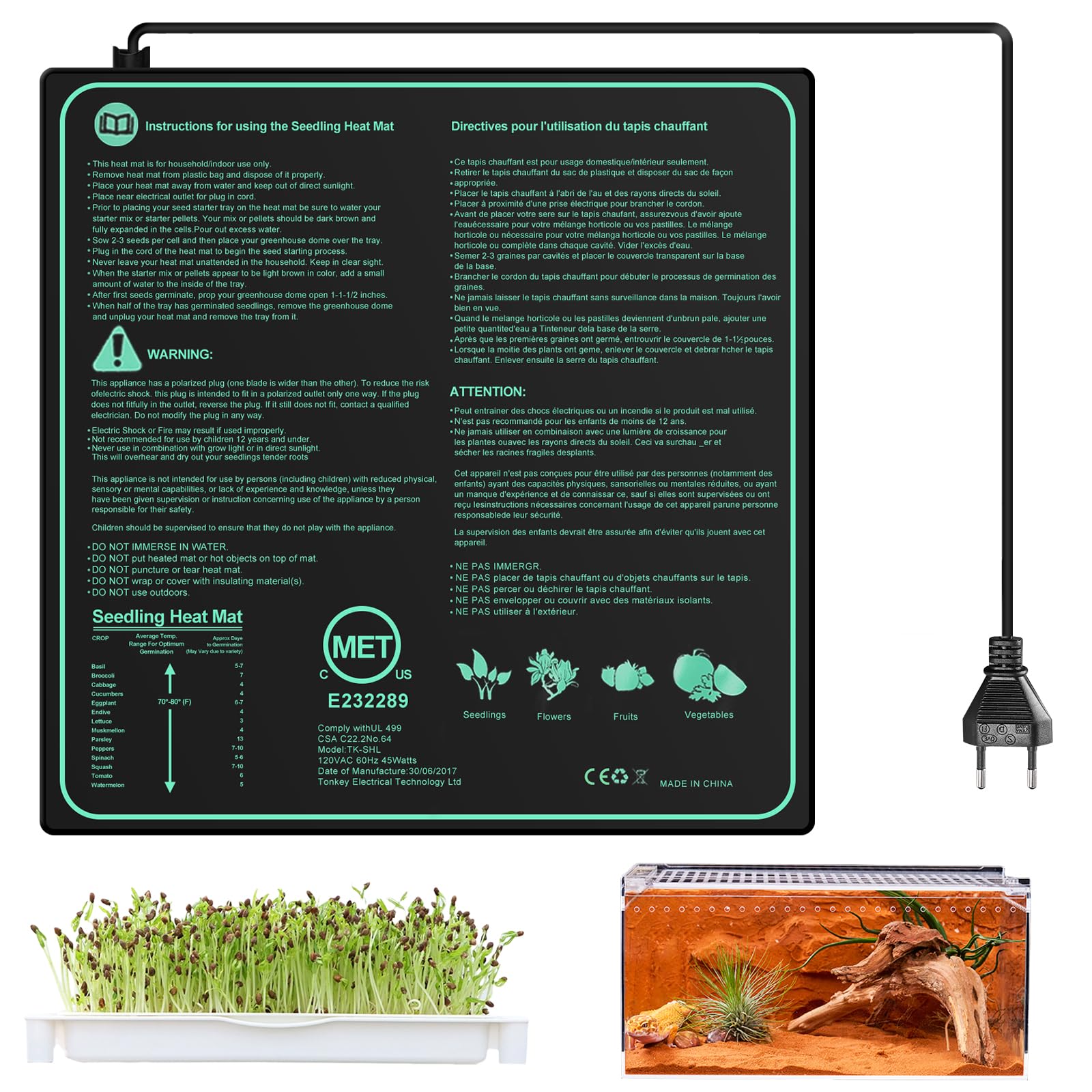 GAOUTO Tappetino riscaldante per piante: 50 W, 50 × 52,5 cm, per piantine germinazione, tappetino riscaldante, per germinazione e regolazione della temperatura