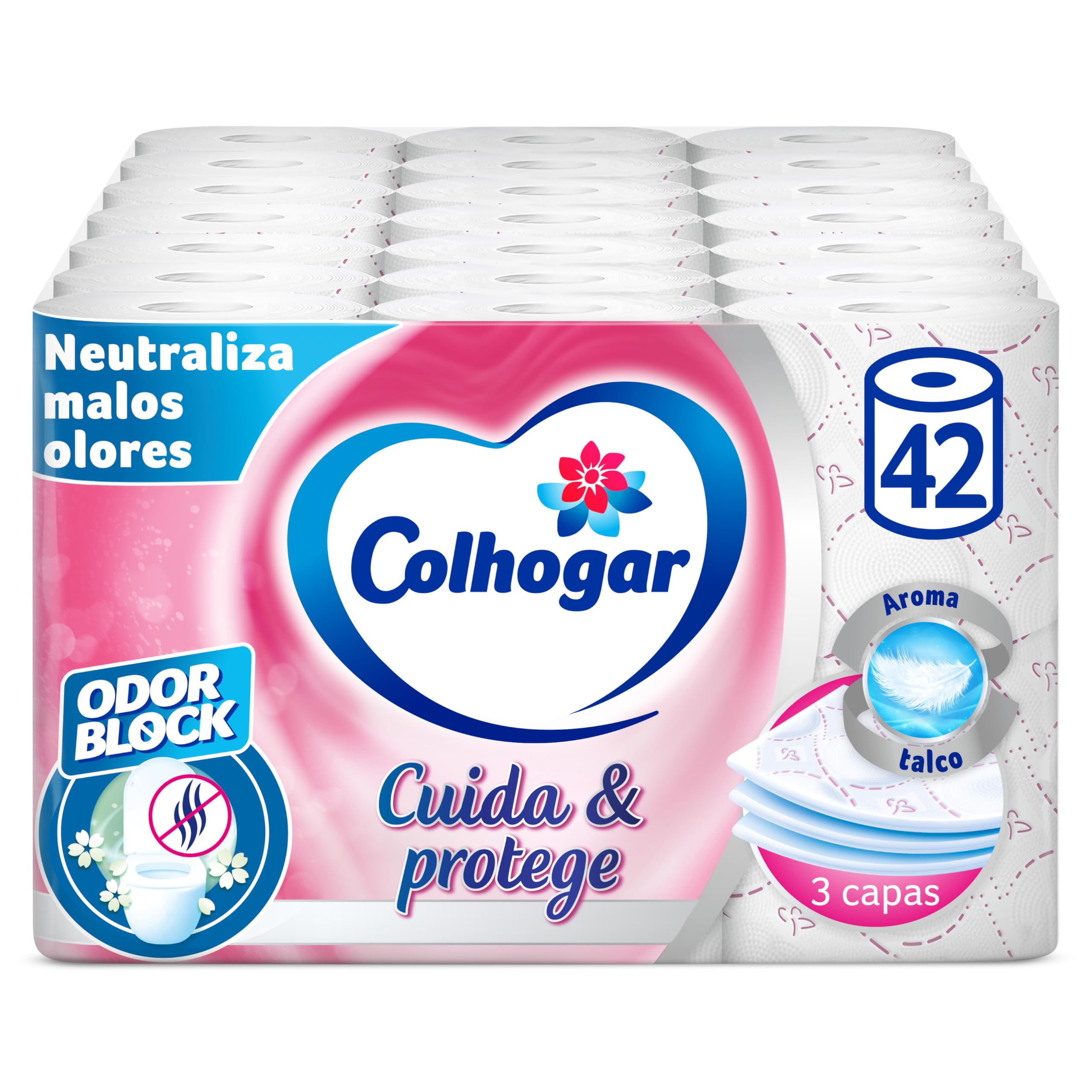 Colhogar Protect Cuida&Protege Odor Block 7x6 - Papel Higiénico Suave y Resistente - Paquete com 42 rollos - 3 Capas - rollos color blanco y con una fragancia talco