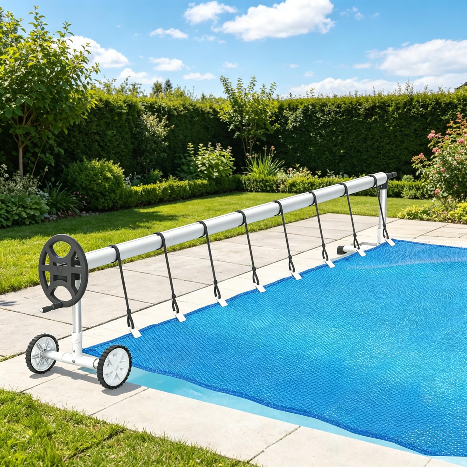 Enrouleur de Bâche 3 m - 5,7 m Réglable, Système d'enroulage en Aluminium avec manivelle et Roues, Télescopique Enrouleur de Piscine pour Solaire Mobile