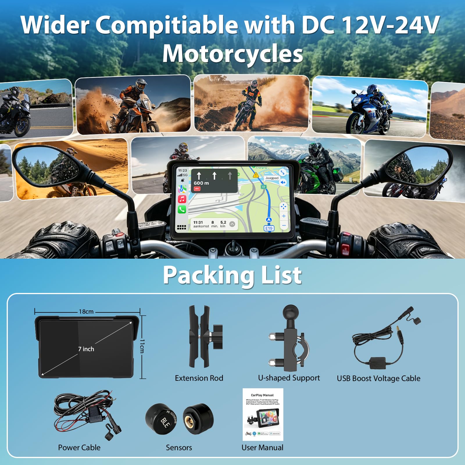 Vtopek 7" Carplay Moto Écran avec TPMS & 2 Options d'alimentation (USB/ACC) | Sans fil Carplay Android Auto, Navigation GPS Moto, IP67 Étanche, Double-Bluetooth, Commande Vocale, Pour Toutes les Motos