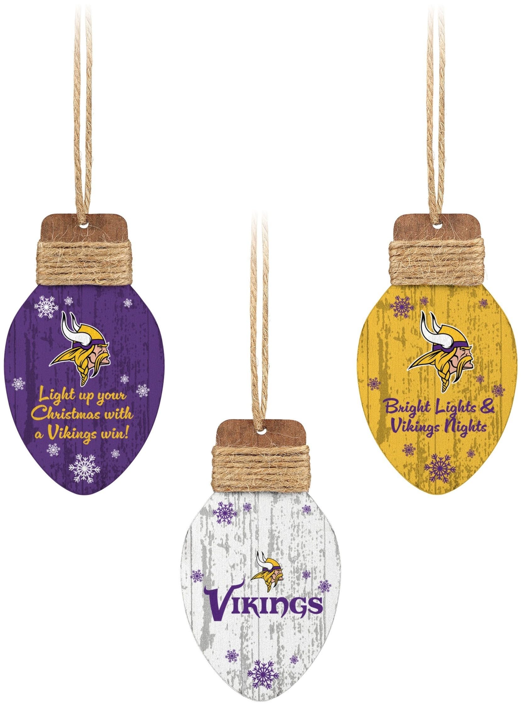 FOCO Minnesota Vikings NFL 3 Pack Wooden Holiday Lights Ornament Set