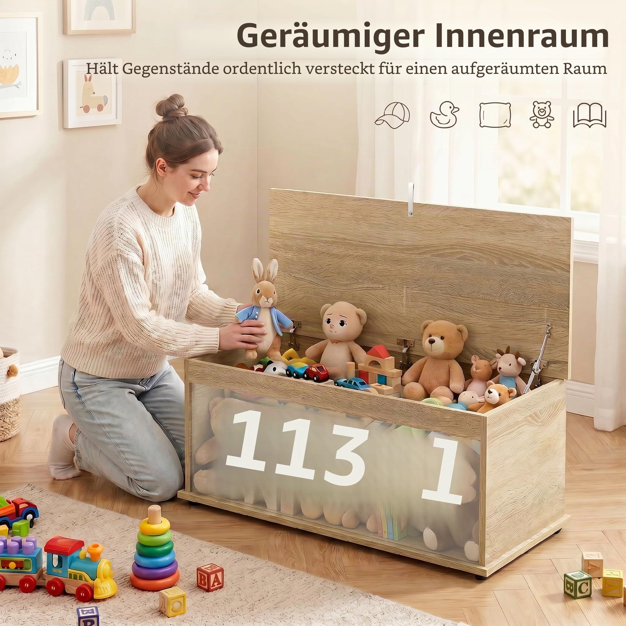 HOMCOM Aufbewahrungsbox, Bank mit Klappdeckel und Sicherheitsscharnieren, Schuhbank, Eingangsmöbel, Flur, Schlafzimmer, Wohnzimmer, 100 x 40 x 40 cm, Naturholzoptik