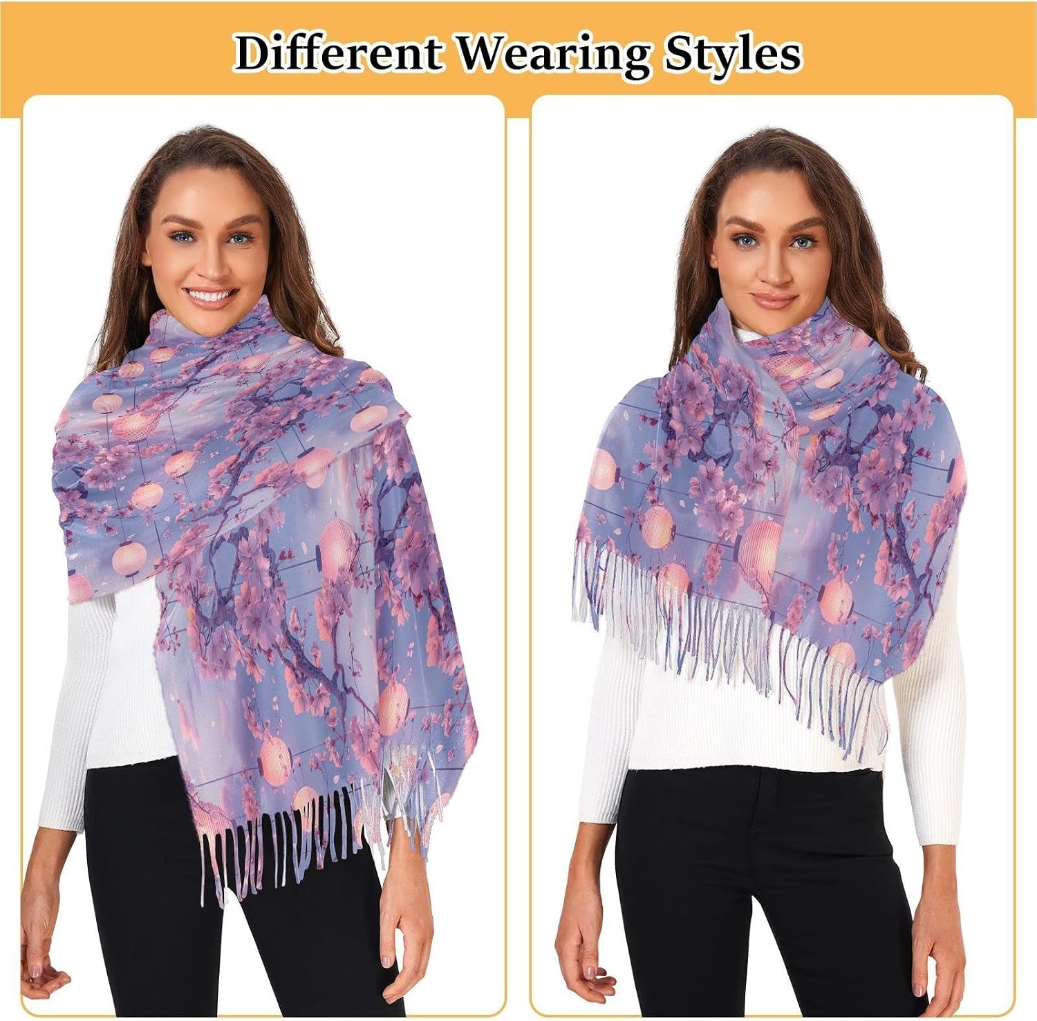 Winter Scarf for Women Moonlit Sky Lantern Flower Fashion Tassel Shawl Wraps for Women, Cold Weather Warm Womens Scarves Soft Long Scarf Gifts