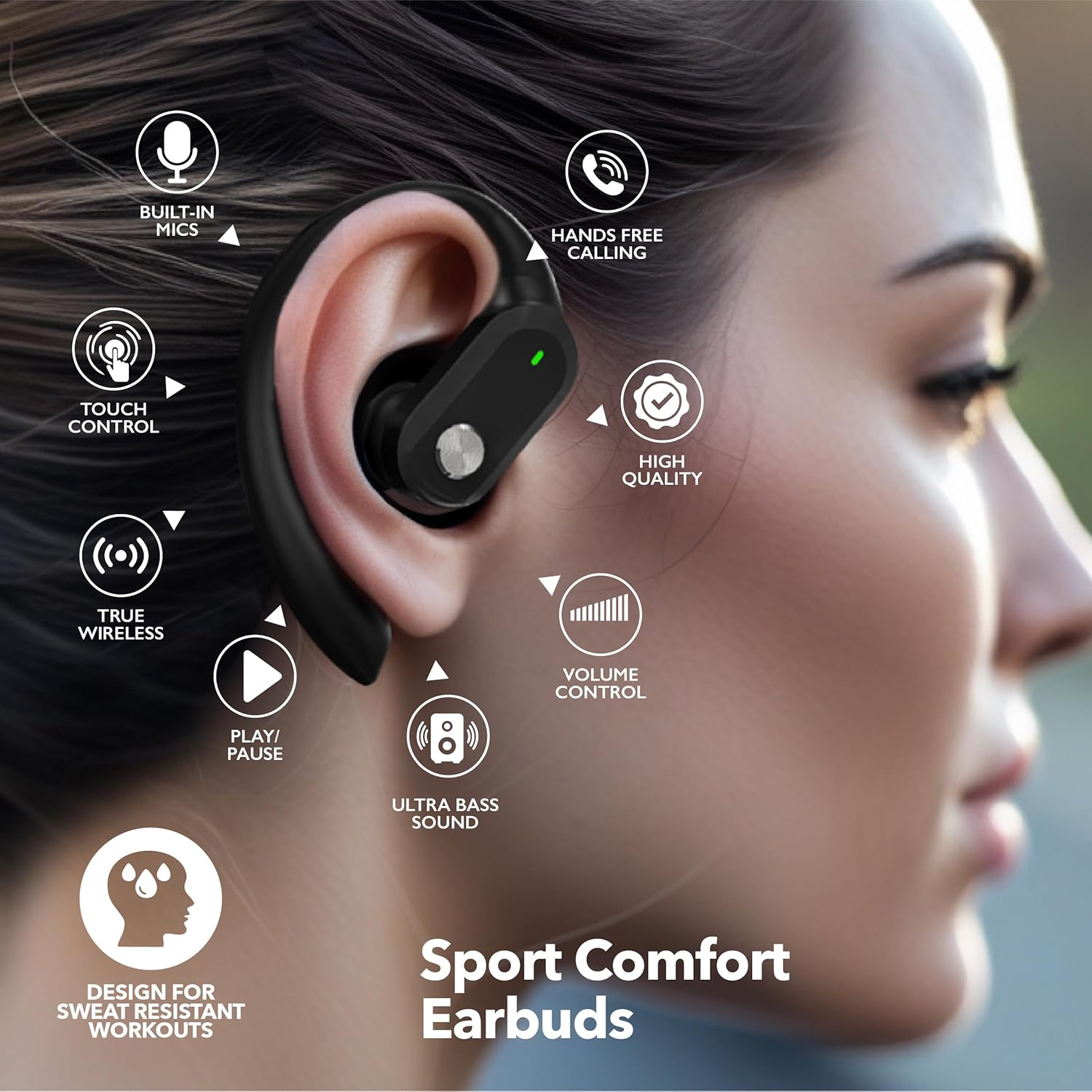 RCA Wireless Earbuds Bluetooth 5.3 Headphones Sport Sweat Resistant Sports Earphones with Earhooks,48H Playtime,Lightweight 7.8g,Fast Charging Case,Noise Cancelling Mic for Running Gym Workout-Black