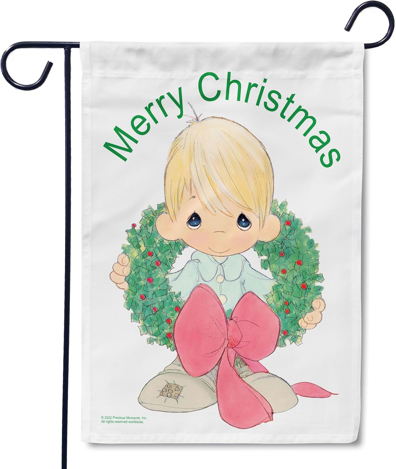 Flagology, Precious Moments Merry Christmas Wreath Boy – Garden Flag 12" x 18", Outdoor Flag, Exclusive Premium Fabric, Licensed Precious Moments, Christmas