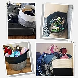 INDRESSME Large Cotton Rope Baskets for Storage, 21.7 x 13.8 Blanket Storage for Living Room Toy Baskets Kids, Baby Laundry Basket for Dirty Clothes, Pillows, 90L White & Black