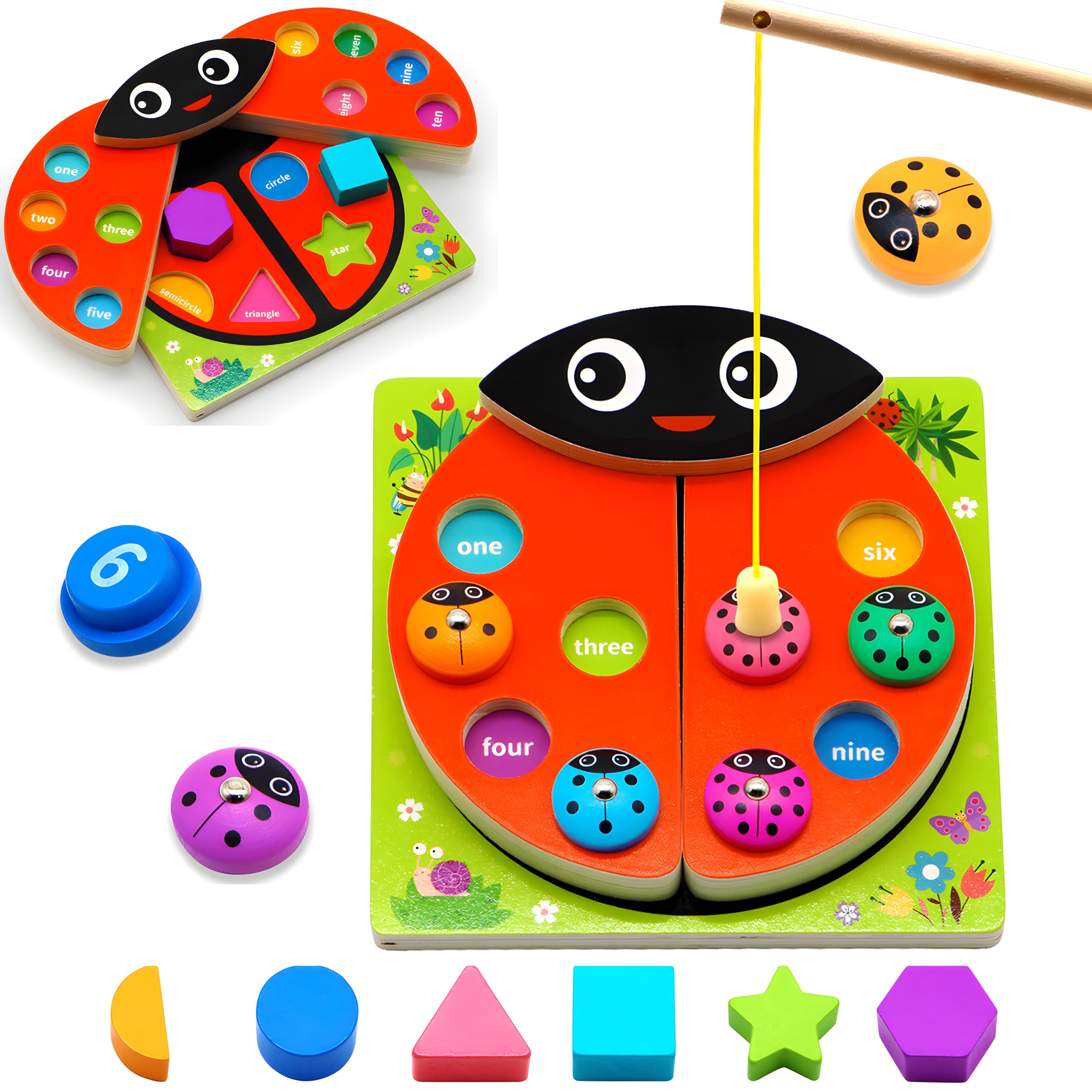 MOONTOY Ladybug Wooden Magnetic Fishing Games, 3 in 1 Fine Motor