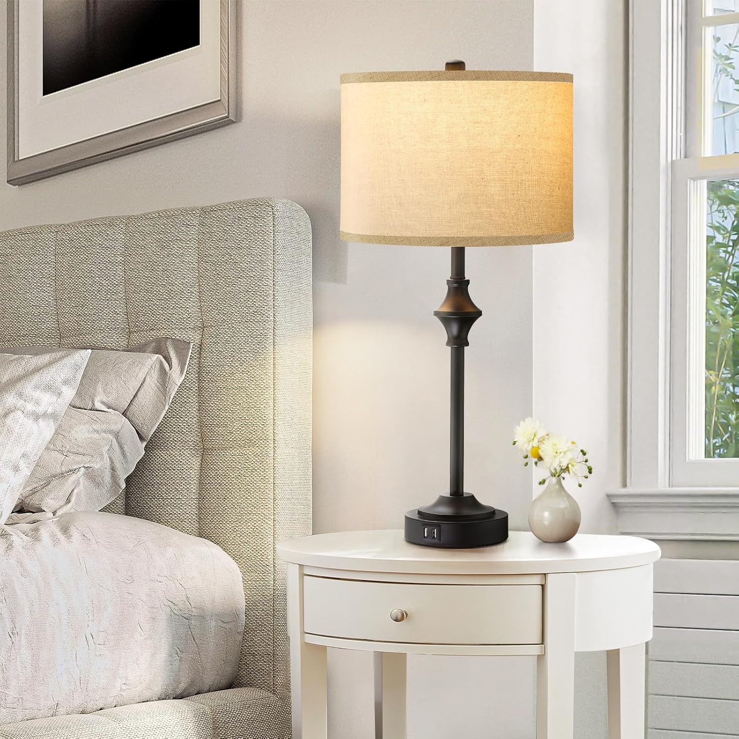 26" Farmhouse Table Lamps for Bedrooms Set of 2, Tall Rustic Bedside Lamps with 3-Color Temperatures, Nightstand Lamp with Dual USB Ports for Living Room End Table, Bulbs Included