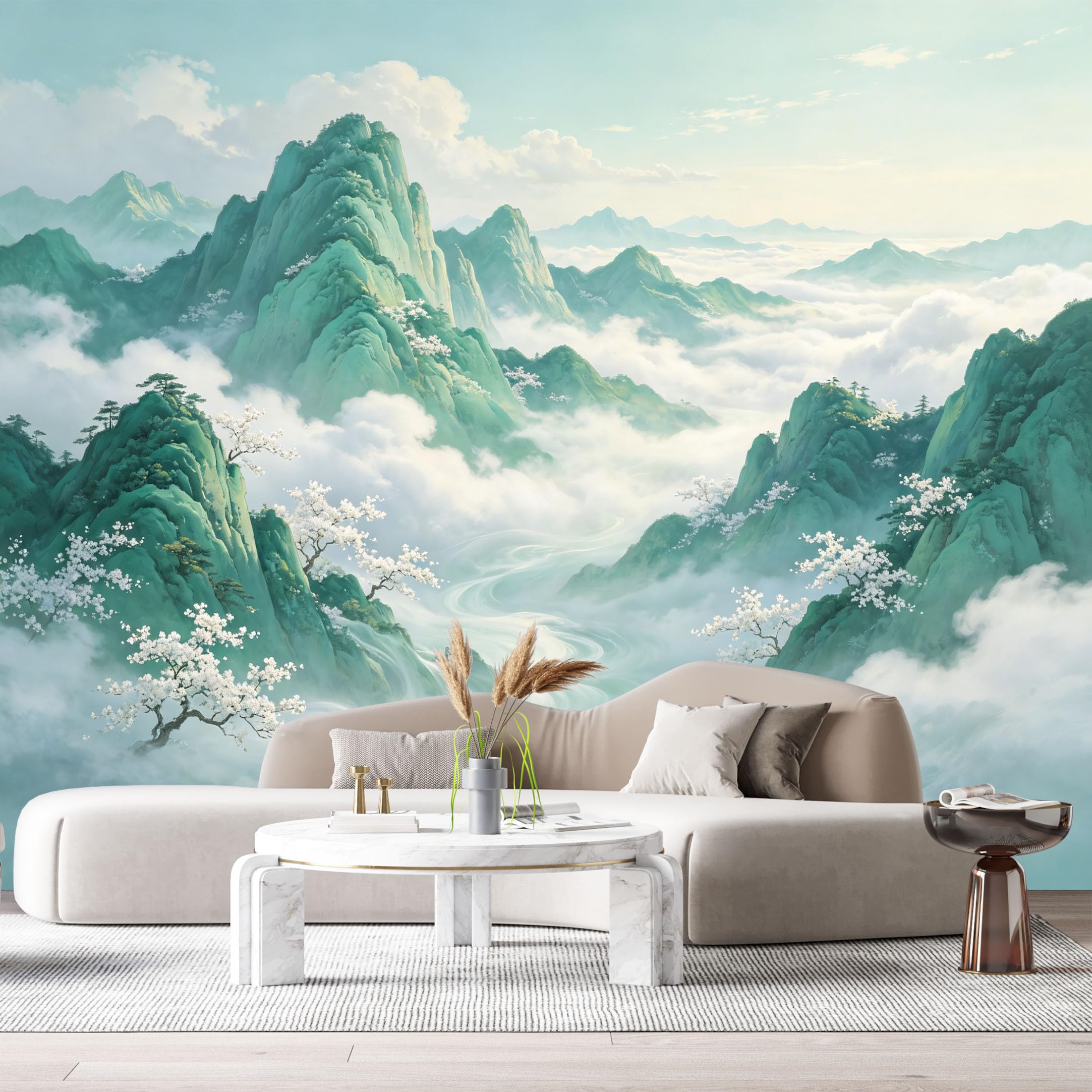 Custom Size Wall Murals Misty Mountain Landscape Watercolor Blossoming Trees Peaks Clouds SelfAdhesive Wall Fabric Removable Large Wallpaper for Photo Living Room