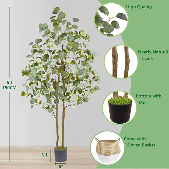 Warmplants Fake Eucalyptus Tree 5ft Tall Artificial Plant with Basket
