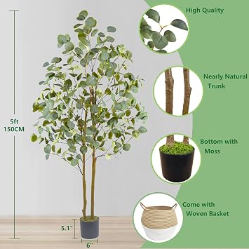 Warmplants Fake Eucalyptus Tree 5ft Tall Artificial Plant with Basket