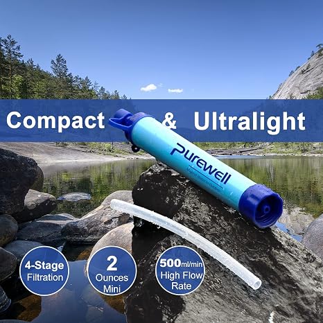 Purewell Outdoor Water Filter – 0.01 μm ultra-fine filter removes 99.99% of bacteria & heavy metals | 1500L filter capacity | Portable drinking water filter with neck strap for survival & outdoor