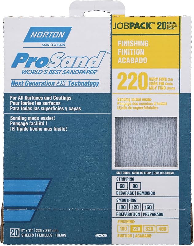 Norton ProSand 07660768167 Sanding Sheet, 11 in L, 9 in W, Very Fine, 220 Grit, Aluminum Oxide Abrasive, Paper Backing