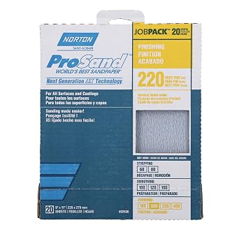 Norton ProSand 07660768167 ورقة صنفرة، 11 بوصة L، 9 بوصة W، دقيقة جدًا، 220 حصى، مادة كاشطة من أكسيد الألومنيوم، دعامة ورقية