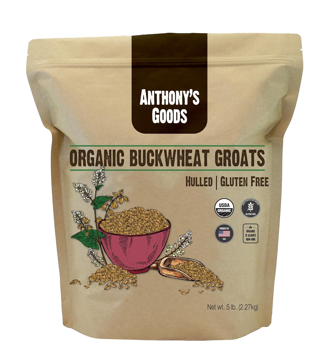 Anthony's Organic Hulled Buckwheat Groats, 5lb, Gluten Free, Non GMO