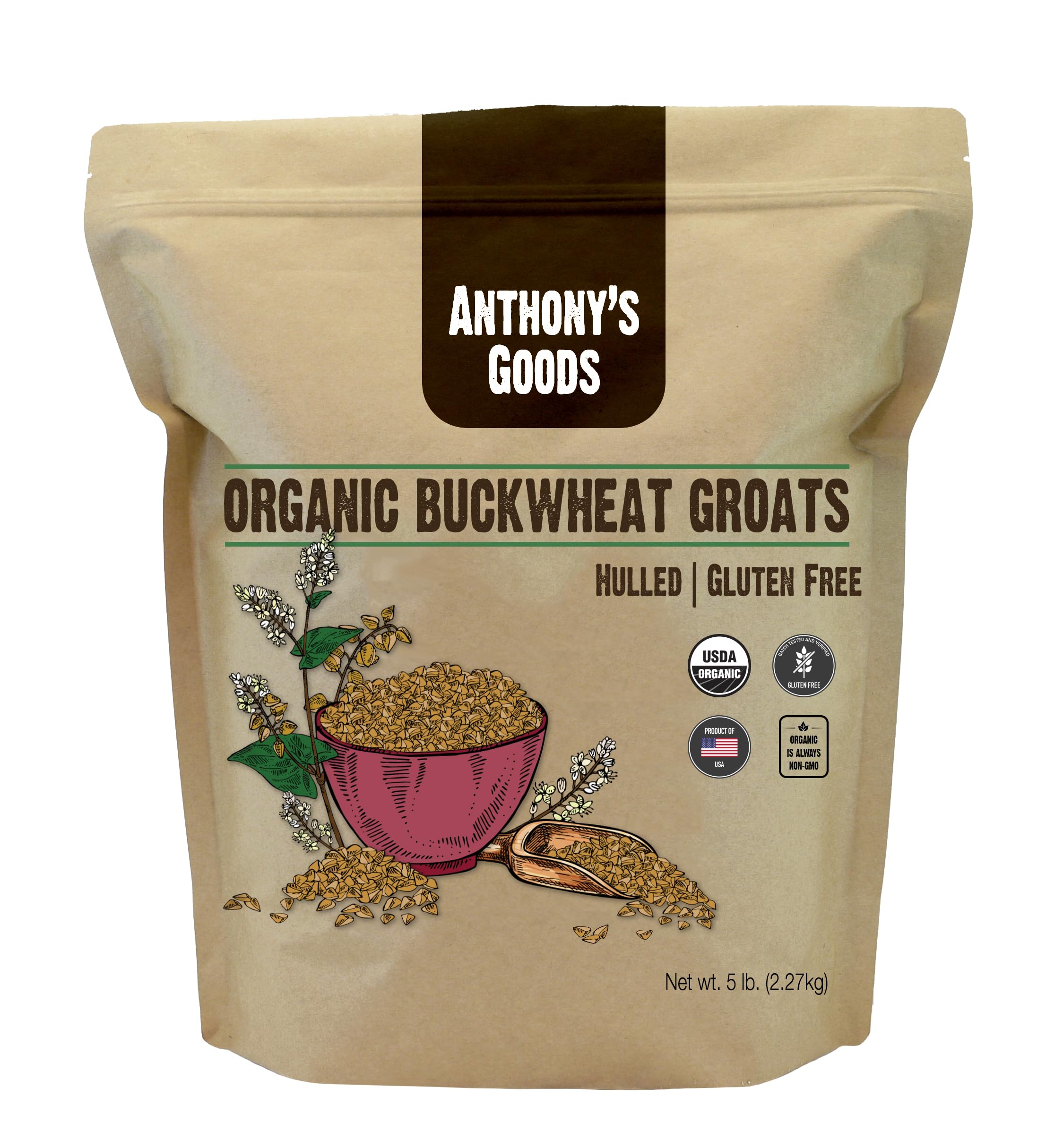 Organic Hulled Buckwheat Groats, 5lb, Gluten Free, Non GMO