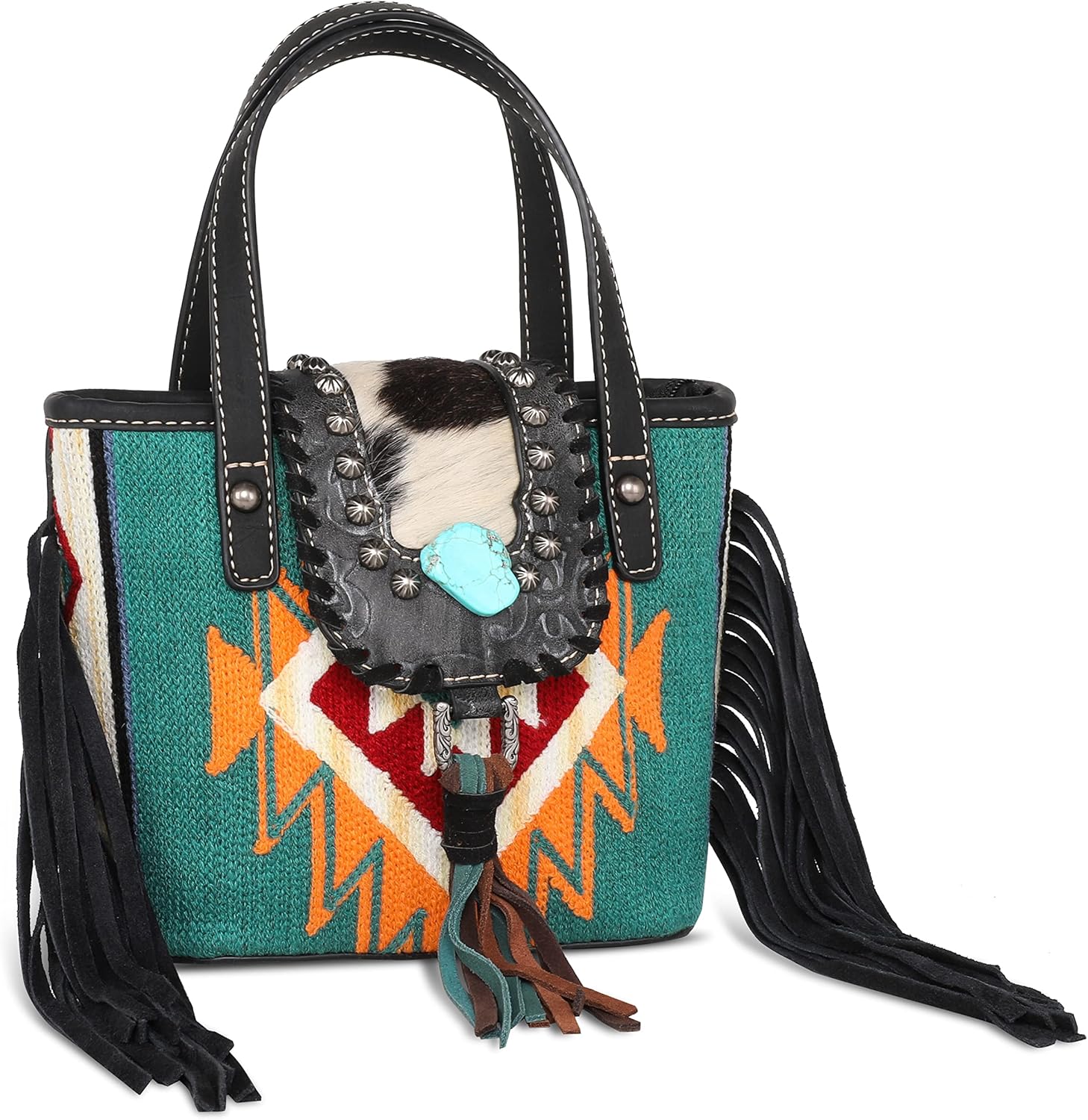 Montana West Aztec Tapestry Pattern Tote Bag for Women Western Cowhide and Fringe Top Handle Satchel MW1215-923BK