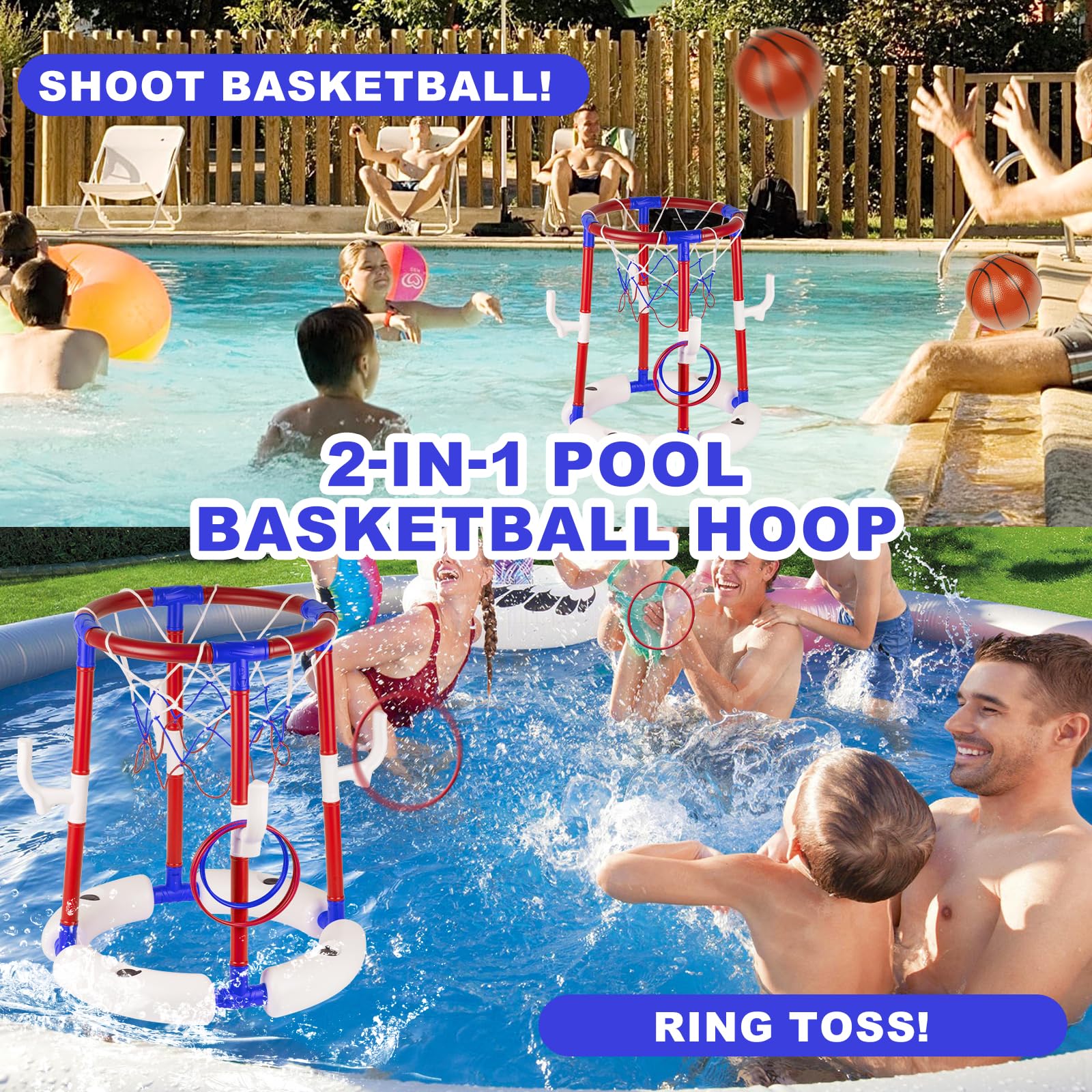 2-in-1 Schwimmbad-Basketballkorb, stabiles schwimmendes Pool-Basketballkorb-Set, Wasser-Basketballkorb für Pool-Party, Spaß und Outdoor-Indoor-Familienspiele
